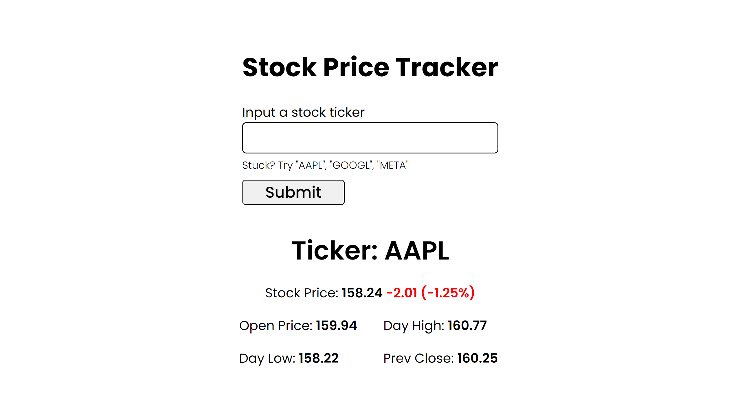Screenshot of the stock tracker website